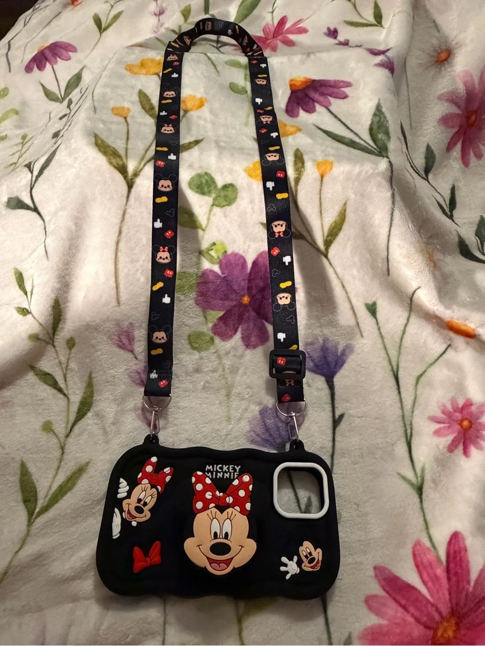 5‼️ Minnie Mouse Silicone Crossbody Pop-Socket iPhone Case - Black with Red Bow